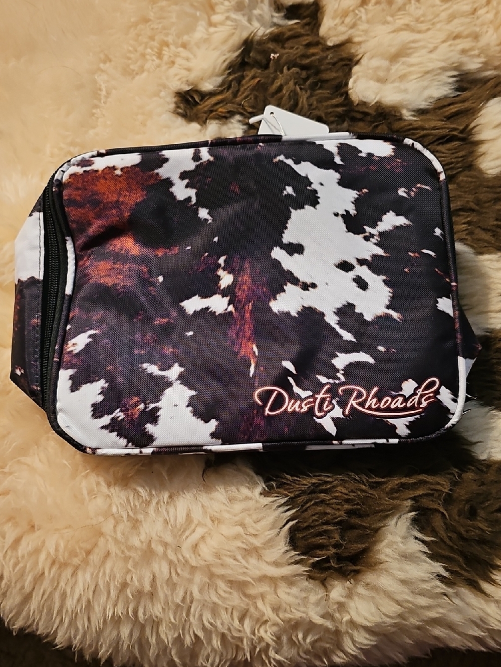 Cowhide-Print Cosmetic Bag in Black & Brown